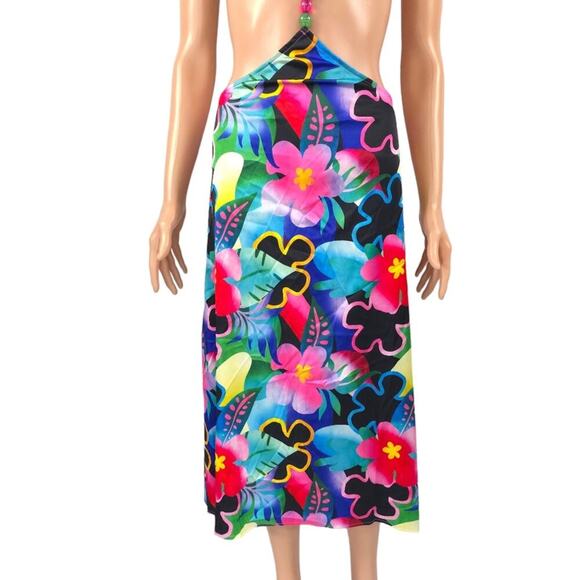 For Love & Lemons Midi Dress Silk Blend Floral Cut Out Colorful Retro Tropical - Picture 9 of 14
